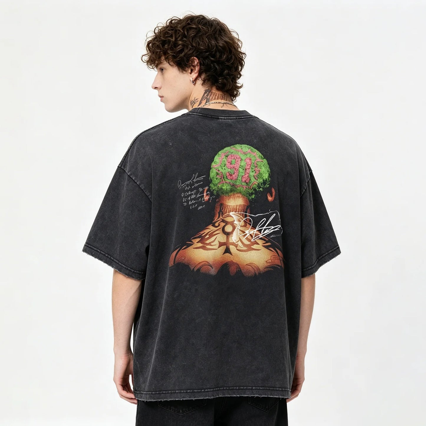 Black Washed Graphic T-Shirt with Back Print