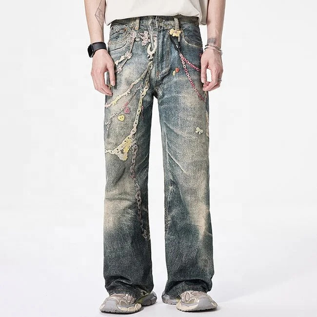 Vintage Wash Graphic Wide Leg Jeans