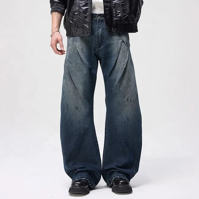 Dark Wash Wide Leg Jeans with Curved Seam Detail