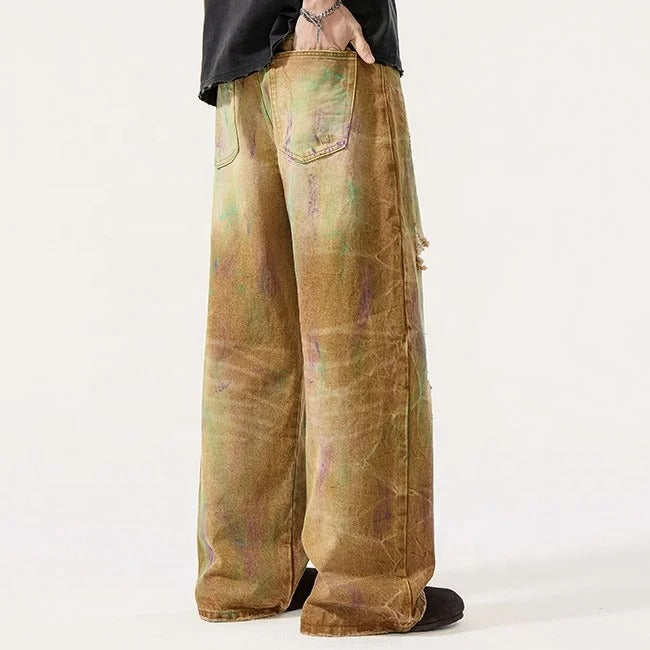 Distressed Wide Leg Jeans in Brown Wash