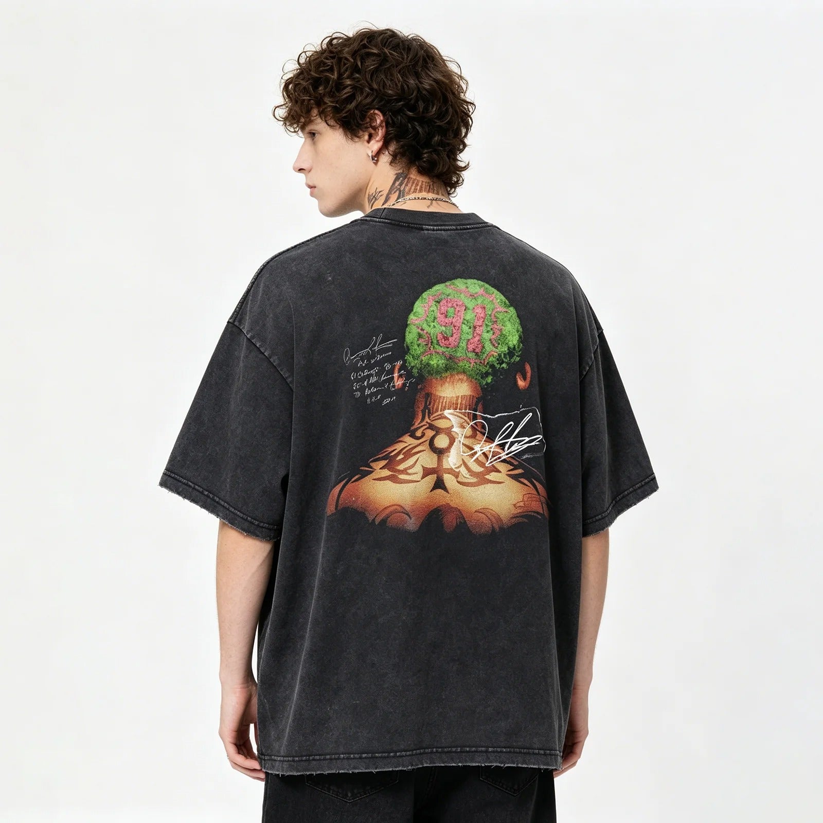 Black Washed Graphic T-Shirt with Back Print