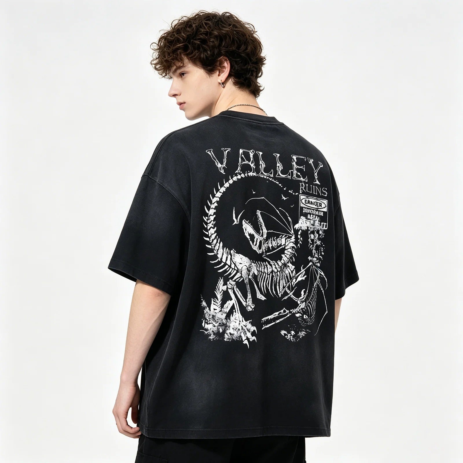 Black Washed Graphic T-Shirt with Dinosaur Print