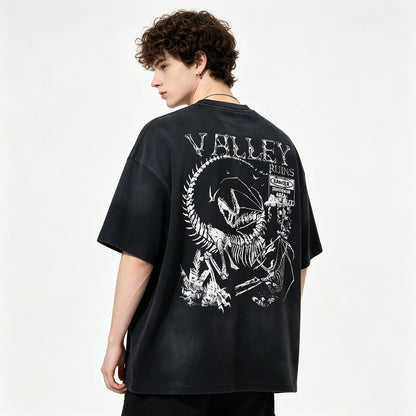 Black Washed Graphic T-Shirt with Dinosaur Print