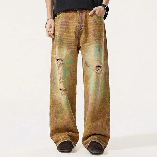 Distressed Wide Leg Jeans in Brown Wash