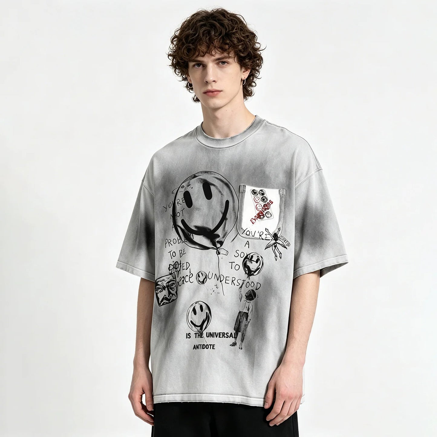 Grey Washed Graphic T-Shirt with Front Artwork Print