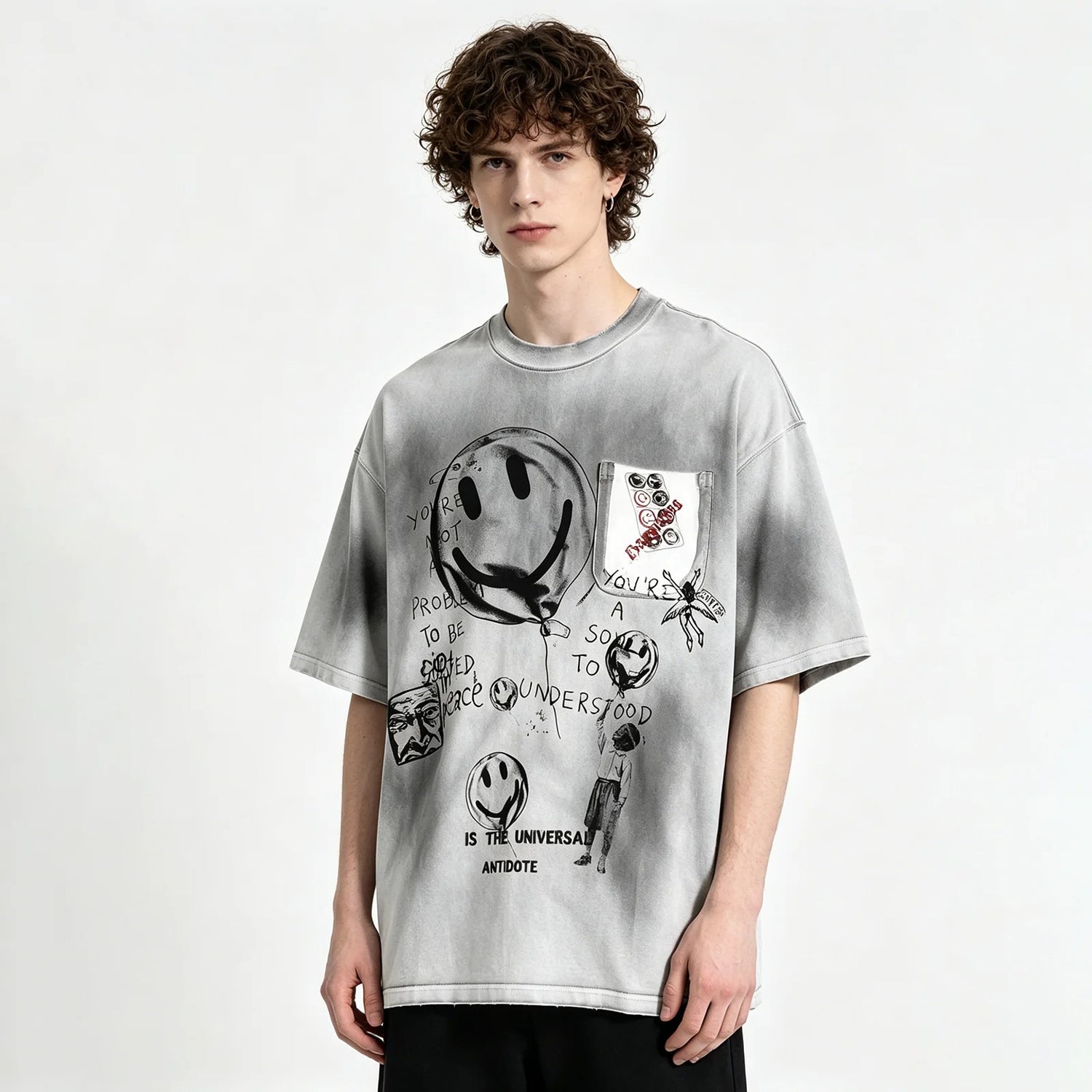 Grey Washed Graphic T-Shirt with Front Artwork Print