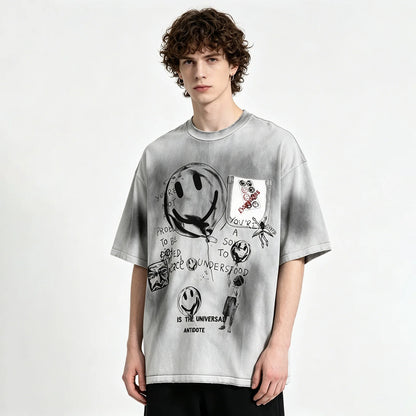 Grey Washed Graphic T-Shirt with Front Artwork Print