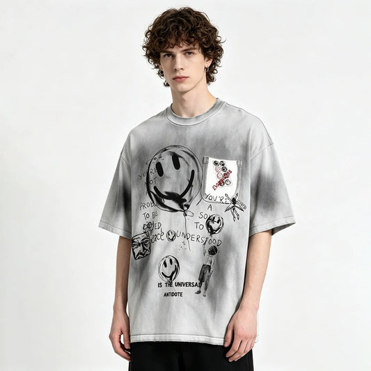 Grey Washed Graphic T-Shirt with Front Artwork Print
