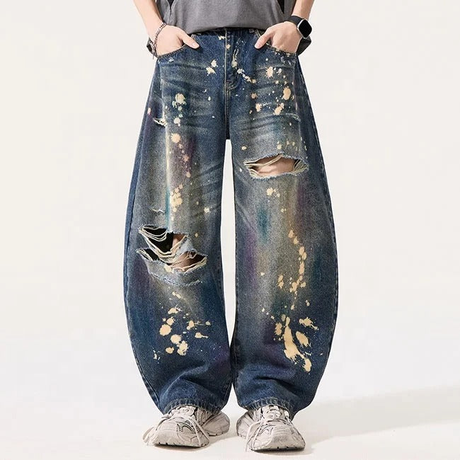 Dark Wash Distressed Paint Splatter Jeans