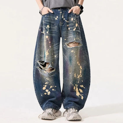 Dark Wash Distressed Paint Splatter Jeans