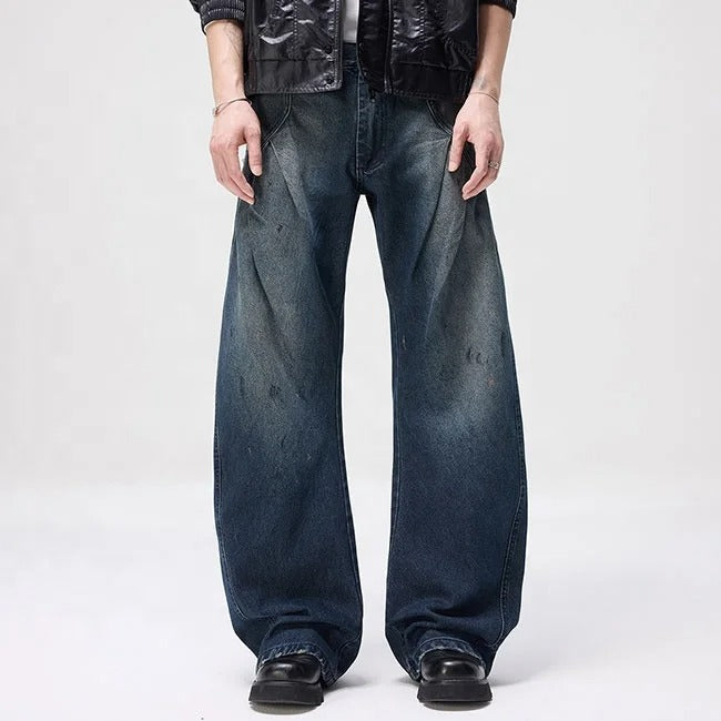 Dark Wash Wide Leg Jeans with Curved Seam Detail