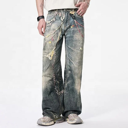 Vintage Wash Graphic Wide Leg Jeans