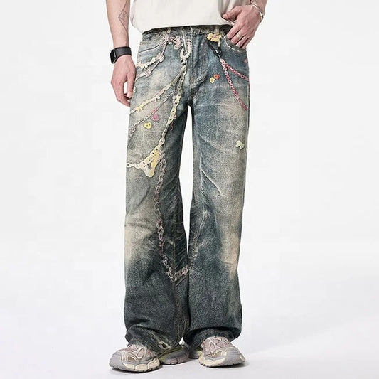 Vintage Wash Graphic Wide Leg Jeans