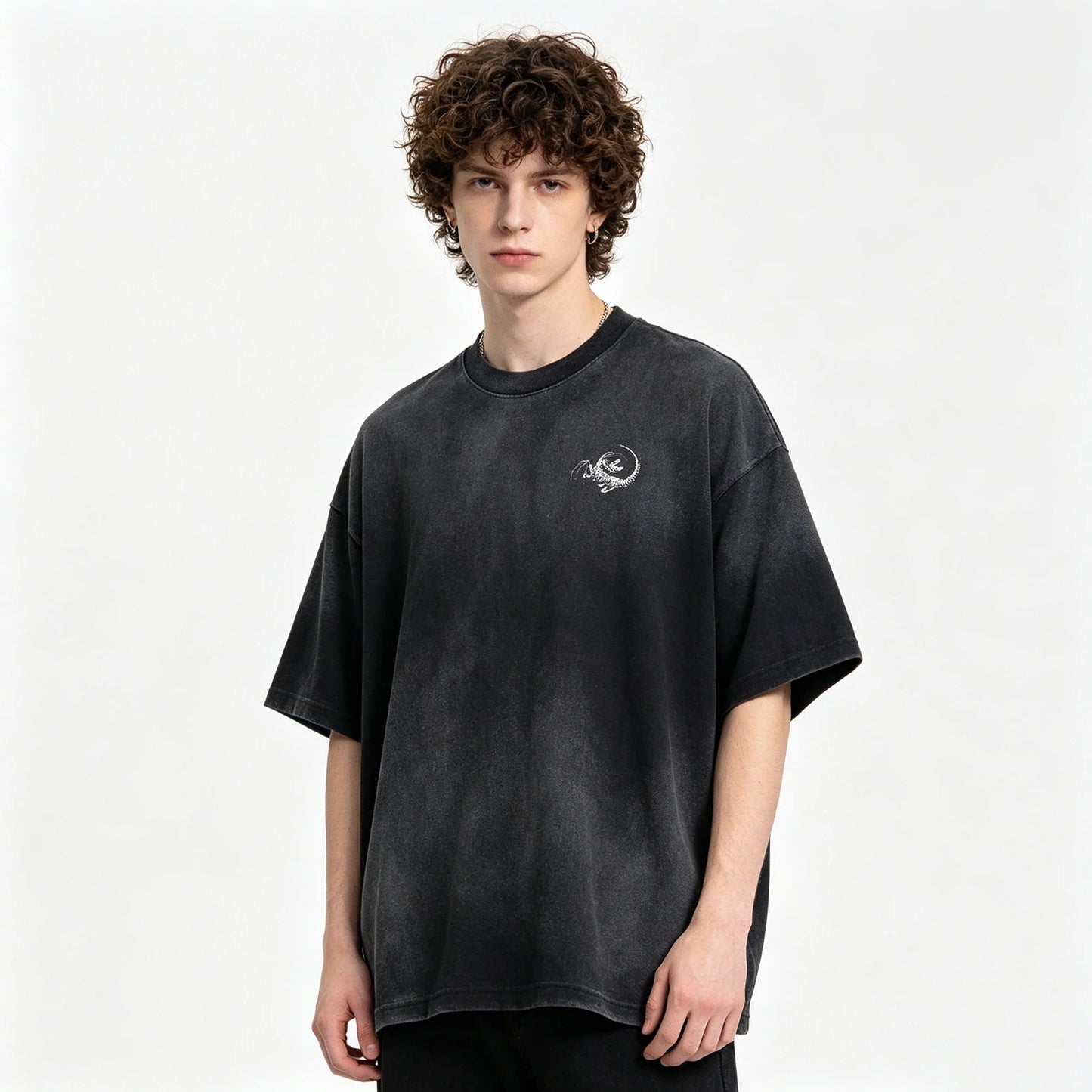 Black Washed Graphic T-Shirt with Dinosaur Print