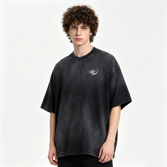 Black Washed Graphic T-Shirt with Dinosaur Print
