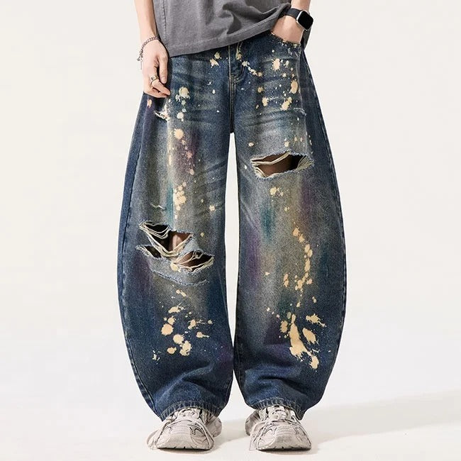 Dark Wash Distressed Paint Splatter Jeans