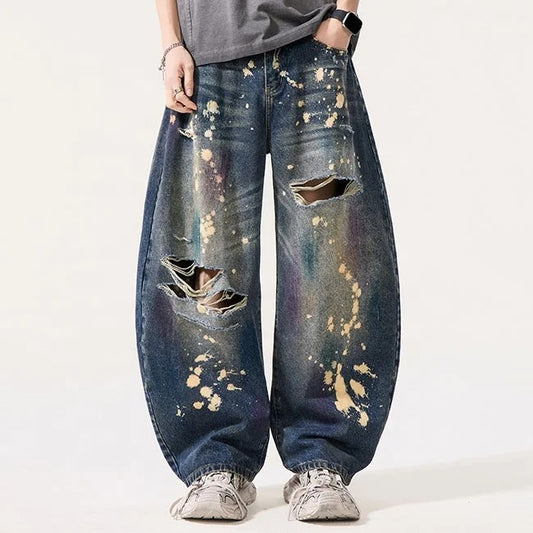 Dark Wash Distressed Paint Splatter Jeans