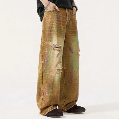 Distressed Wide Leg Jeans in Brown Wash