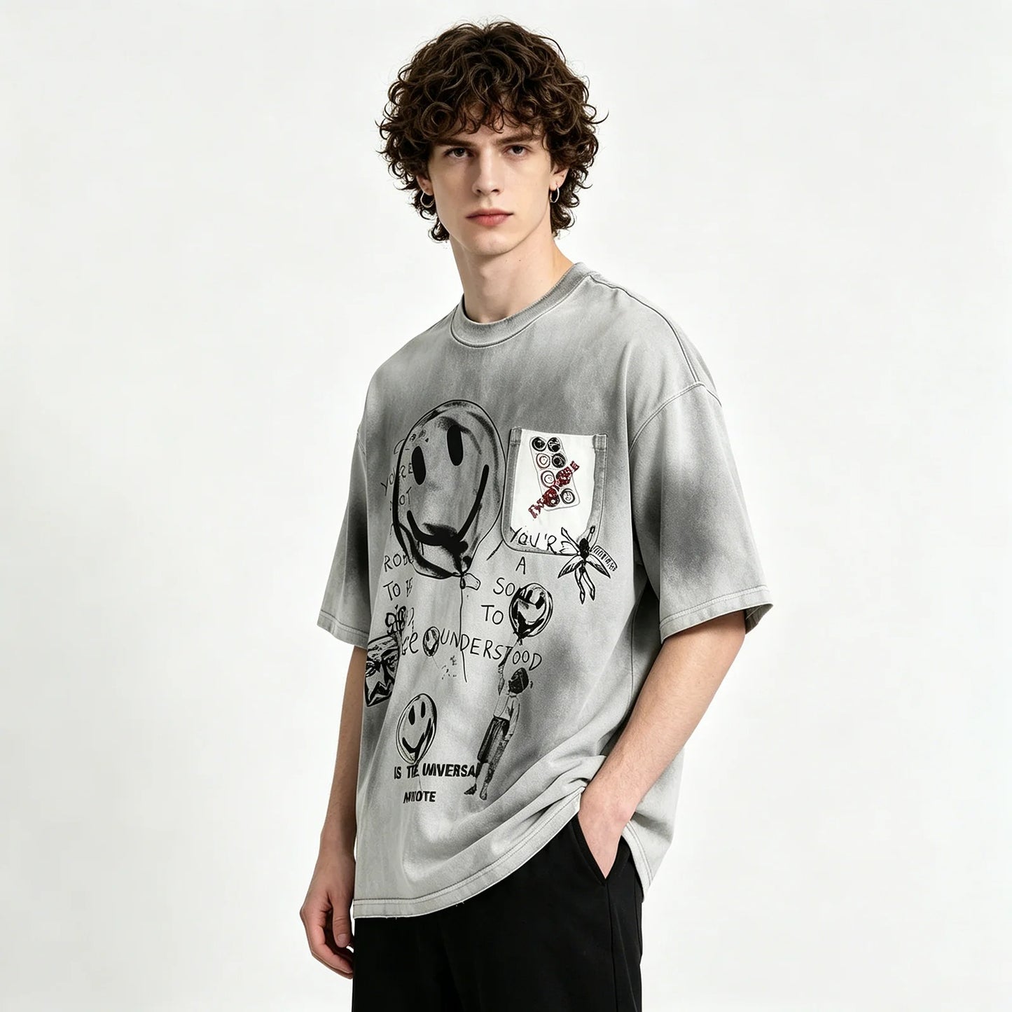 Grey Washed Graphic T-Shirt with Front Artwork Print