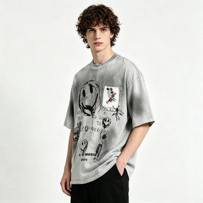 Grey Washed Graphic T-Shirt with Front Artwork Print