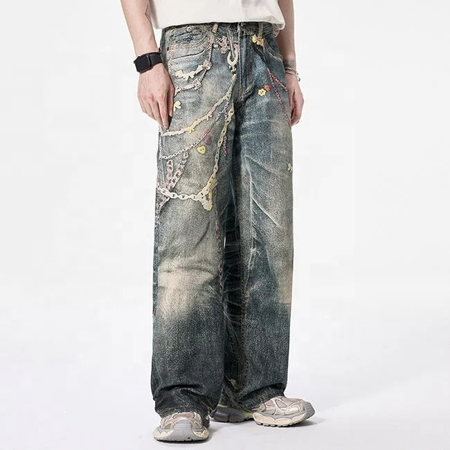Vintage Wash Graphic Wide Leg Jeans