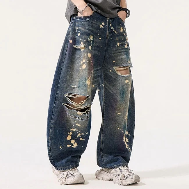 Dark Wash Distressed Paint Splatter Jeans