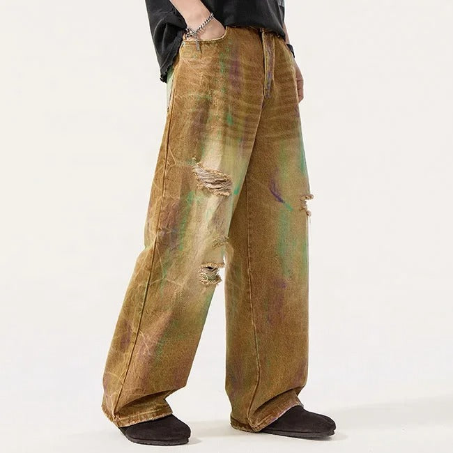 Distressed Wide Leg Jeans in Brown Wash