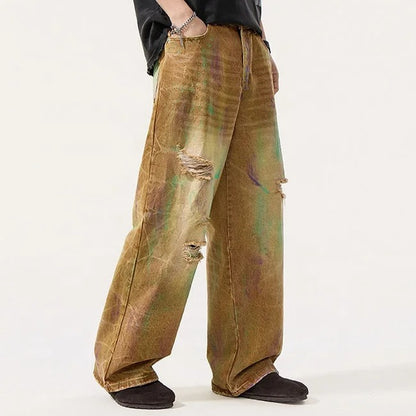 Distressed Wide Leg Jeans in Brown Wash