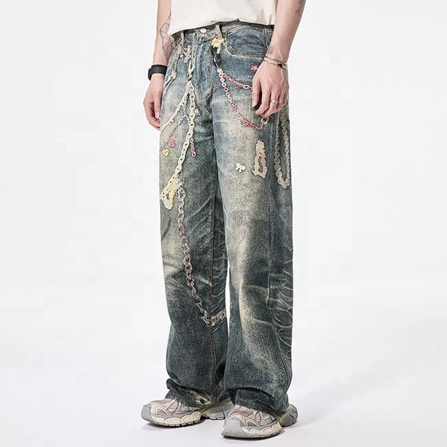 Vintage Wash Graphic Wide Leg Jeans