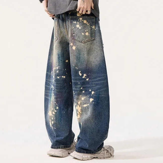 Dark Wash Distressed Paint Splatter Jeans