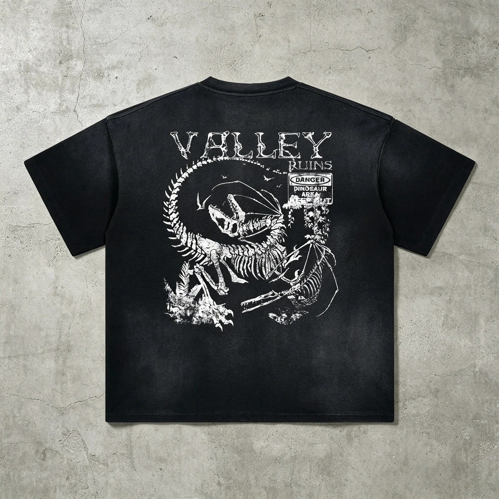 Black Washed Graphic T-Shirt with Dinosaur Print
