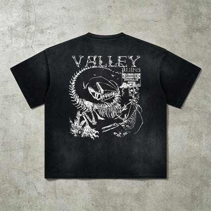 Black Washed Graphic T-Shirt with Dinosaur Print