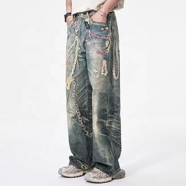 Vintage Wash Graphic Wide Leg Jeans