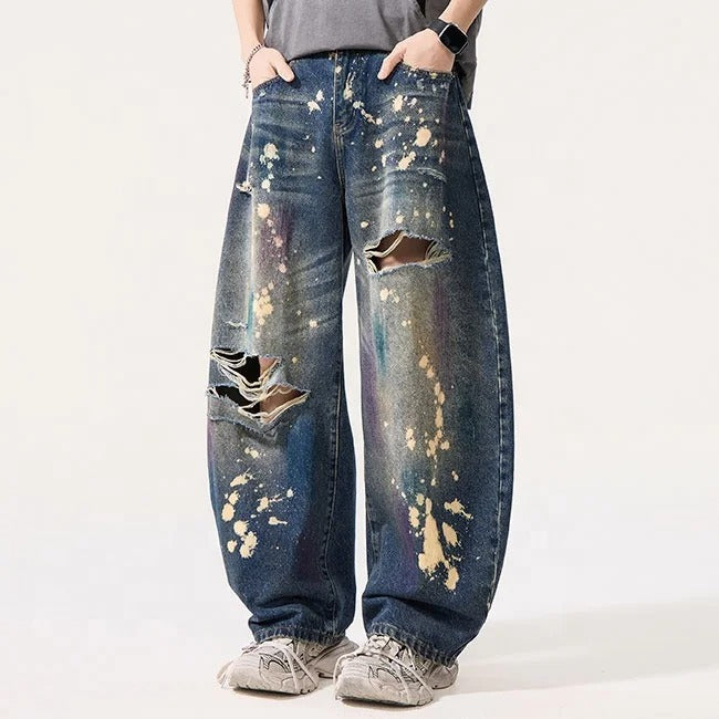 Dark Wash Distressed Paint Splatter Jeans