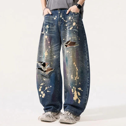 Dark Wash Distressed Paint Splatter Jeans