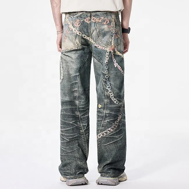Vintage Wash Graphic Wide Leg Jeans
