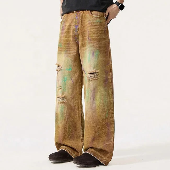 Distressed Wide Leg Jeans in Brown Wash