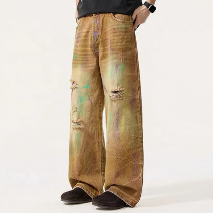 Distressed Wide Leg Jeans in Brown Wash